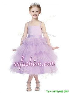 Beautiful Spaghetti Straps Lavender Mini Quinceanera Dresses with Beading and Ruffled Layers