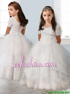 Best Square Short Sleeves White Flower Girl Dress with Beading and Appliques