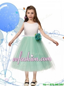 Comfortable Scoop Hand Made Flowers and Bowknot Mini Quinceanera Dresses in Apple Green