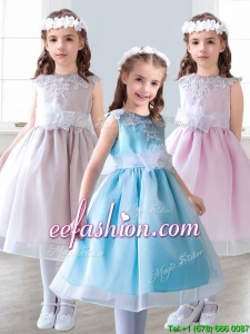 Elegant Scoop Tea Length Mini Quinceanera Dresses with Appliques and Hand Made Flowers