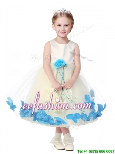 Lovely Tea Length Scoop Mini Quinceanera Dresses with Hand Made Flowers and Appliques