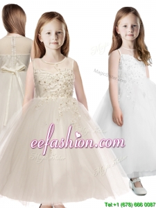 See Through Scoop Appliques Mini Quinceanera Dresses in Champagne