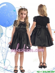 See Through Scoop Short Sleeves Lace and Belt Mini Quinceanera Dresses in Black