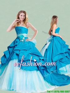 Beautiful Handcrafted Flowers and Ruffled Strapless Quinceanera Dress with Brush Train