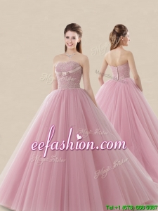 Luxurious Strapless Brush Train Sweet 16 Dress with Lace and Bowknot