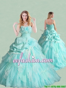 Popular Spaghetti Straps Brush Train Quinceanera Dress with Handcrafted Flowers and Bubbles