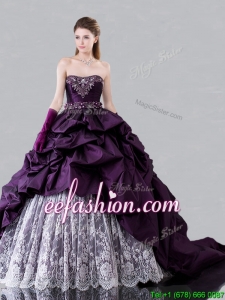 Pretty Brush Train Beaded and Bubble Sweet 16 Dress in Taffeta and Lace