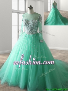 See Through Scoop Long Sleeves Beading Sweet 16 Dress with Brush Train
