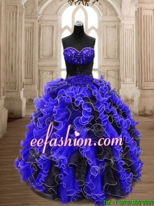 Best Beaded and Ruffled Quinceanera Dress in Black and Royal Blue