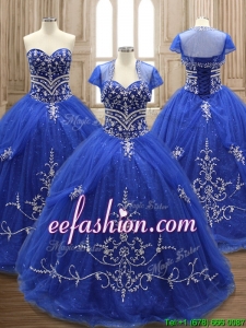Elegant Applique Royal Blue Sweet 16 Dress with Brush Train