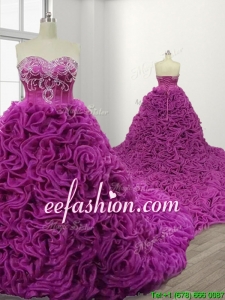 Gorgeous Rolling Flowers Court Train Quinceanera Gown with Beading