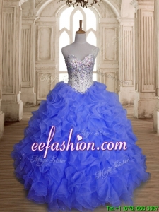 Perfect Blue Organza Quinceanera Dress with Beading and Ruffles