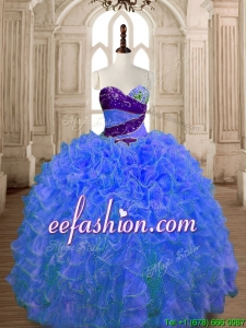 Hot Sale Beaded and Ruffled Organza Quinceanera Dress in Blue