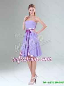 2015 New Arrival Lavender Ruched Mini Length Dama Dresses with Bowknot Sash