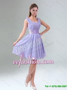 2015 Summer Perfect Straps Lavender Ruched Mini Length Dama Dresses with Waistband
