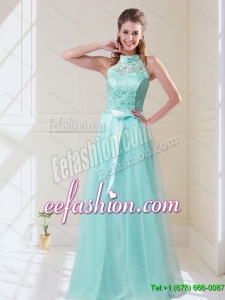 2015 Summer Elegant Empire Halter Top Laced Mint Prom Dresses with Sash