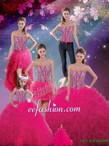 New Style Detachable Sweetheart Beaded and Ruffles Wonderful Quinceanera Dresses in Hot Pink