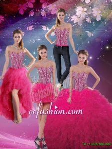 New Style Sweetheart Beaded and Ruffles Detachable Quinceanera Dresses in Hot Pink