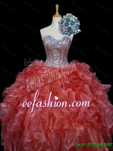 2015 Winter New Style Ball Gown Sweet 16 Dresses with Sequins and Ruffles in Rust Red