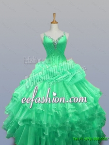 2015 Beautiful Straps Quinceanera Dresses with Beading and Ruffled Layers