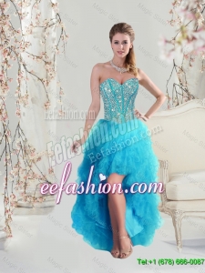 2016 Beautiful New Style Sweetheart Beaded and Ruffles Turquoise Dama Dresses High Low
