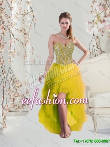 2016 Classical High Low Sweetheart Yellow Elegant Prom Dresses with Beading and Ruffles