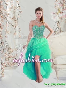 Comfortable High Low Beaded and Ruffles Apple Green Elegant Prom Dresses for 2016