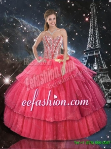 Comfortable Hand Made Flowers Coral Red Quinceanera Dresses with Beading