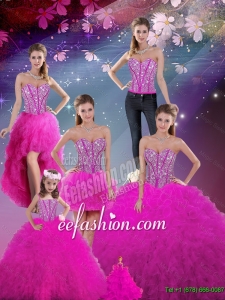 Detachable Sweetheart Fuchsia Beautiful Quinceanera Dresses with Beading and Ruffles