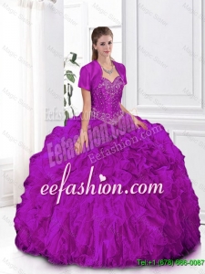 Discount 2016 Fuchsia Sweetheart Quinceanera Gowns with Beading