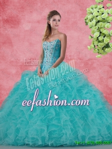 Pretty Strapless Beaded and Ruffles Quinceanera Dresses in Aqua Blue