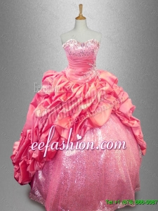 2015 Latest Strapless Beaded Quinceanera Dresses in Coral Red