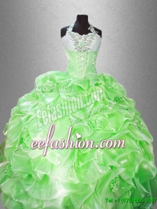Luxurious Halter Top Pick Ups Quinceanera Gowns in Spring Green for 2016