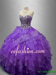 New Style Purple Sweet 16 Gowns with Beading and Ruffles for 2016