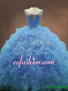Popular Sweetheart Ruffles and Beaded Quinceanera Gowns in Blue