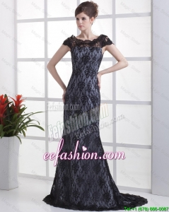 Discount Column Lace Black Prom Dresses with Brush Train