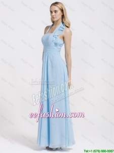 Exquisite Halter Top Ruffles and Belt Baby Blue Prom Dresses for 2016