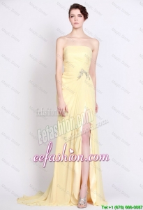 Lovely Strapless Beaded and High Slit Prom Dresses in Yellow