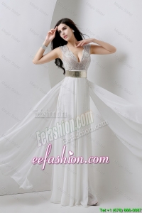 Beautiful Empire V Neck White Prom Dresses with Beading and Belt