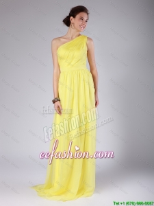 Beautiful One Shoulder Sashes Yellow Prom Dresses with Sweep Train for 2016