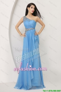 Cheap Beaded Baby Blue Prom Dresses with One Shoulder