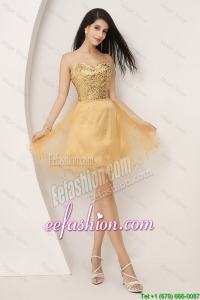 Exclusive A Line Gold Sweetheart Prom Gowns with Lace Up