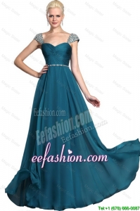 Exquisite Beaded Teal Cap Sleeves Prom Dresses with Straps