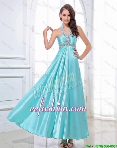 Exquisite Halter Top Beading Ankle Length Aqua Blue Prom Dresses
