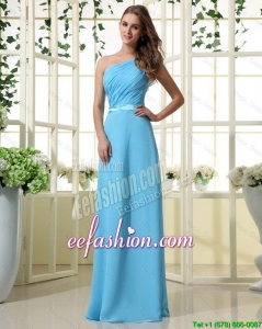 Great One Shoulder Belt and Ruffles Aqua Blue Long Prom Dresses