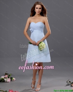 Latest Ruching and Hand Made Flower Short Prom Dress in Light Blue