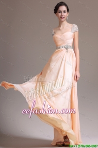 Lovely Empire Straps Beaded Prom Dresses with Cap Sleeves