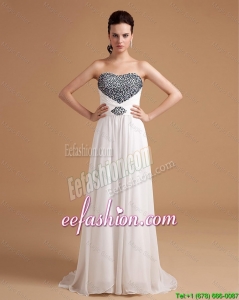 New Style Sweep Train Beading Prom Dresses in White