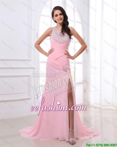 Perfect Column Brush Train Prom Dresses with High Slit and Beading