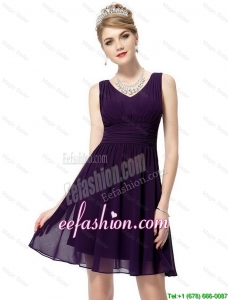 Perfect V Neck Dark Purple Prom Dresses with Ruching